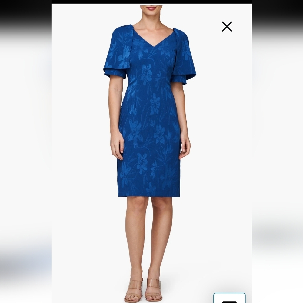 JS Collection Wedding Guest Trinity Floral Blue Dress Cape Sleeve NWT‎
